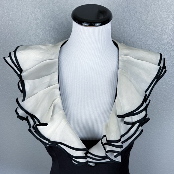Escada Vintage Black Cocktail Dress w/ White Ruffle Collar 40 - Designer, V-Neck - Picture 8 of 16